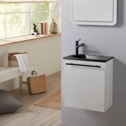 Planète Bain Meuble pour wc blanc avec lave mains design noir et mitigeur noir