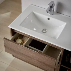 Planète Bain Meuble salle de bain - 80 cm - Plan décentré - Effet chêne foncé britannia - A suspendre - miroir et éclairage inclus - Venus