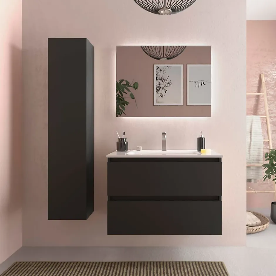 Planète Bain Meuble salle de bain - 80 cm - Avec plan vasque - Noir mat - A suspendre - KARAIB* Meuble Vasque
