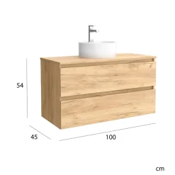 Planète Bain Meuble salle de bain - 100 cm - avec vasque à poser - effet chêne brut - A suspendre - KARAIB