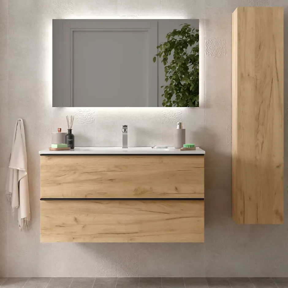 Planète Bain Meuble salle de bain - 100 CM - avec plan vasque - Effet chêne brut - poignées noires - A suspendre - ARUBA