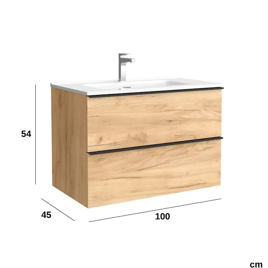 Planète Bain Meuble salle de bain - 100 CM - avec plan vasque - Effet chêne brut - poignées noires - A suspendre - ARUBA