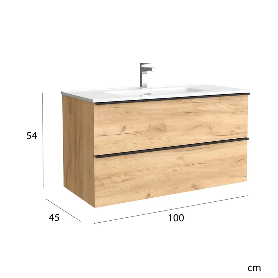 Planète Bain Meuble salle de bain - 100 CM - avec plan vasque - Effet chêne brut - poignées noires - A suspendre - ARUBA