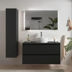 Planète Bain Meuble salle de bain - 100 cm - avec vasque à poser - Noir mat - A suspendre - KARAIB
