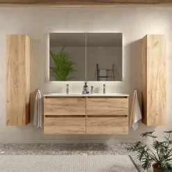 Planète Bain Meuble salle de bain - 120 cm - Plan double vasques céramique - Effet chêne brut - A suspendre - KARAIB