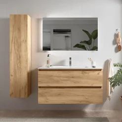 Planète Bain Meuble salle de bain - 100 cm - avec plan vasque - Effet chêne brut - A suspendre - KARAIB