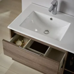 Planète Bain Meuble salle de bain - 80 cm - Plan décentré - Effet ciment - A suspendre - miroir et éclairage inclus - Venus