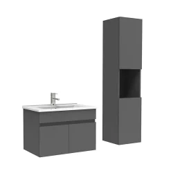 AICA Sanitaire Meuble Salle de Bain avec colonne et vasque ceramique 60cm Anthracite* Ensemble Meuble De Salle De Bains