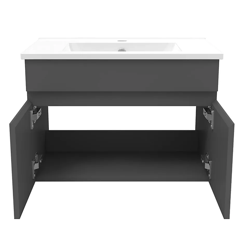 AICA Sanitaire Meuble Salle de Bain avec colonne et vasque ceramique 60cm Anthracite* Ensemble Meuble De Salle De Bains
