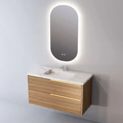 Sanizéo Meuble Salle de Bain BAMBOO 81 cm x H54 x P45 cm, Plan Vasque Grès Cérame BS, 2 Tiroirs Poignée Or, Chêne Naturel* Meuble Vasque