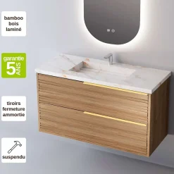 Sanizéo Meuble Salle de Bain BAMBOO 81 cm x H54 x P45 cm, Plan Vasque Grès Cérame BS, 2 Tiroirs Poignée Or, Chêne Naturel* Meuble Vasque