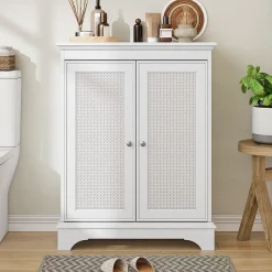 ProximaX Meuble salle de bain blanc sur pied avec porte panier et étagère réglable, meuble indépendant pour salle de bain, salon ou cuisine