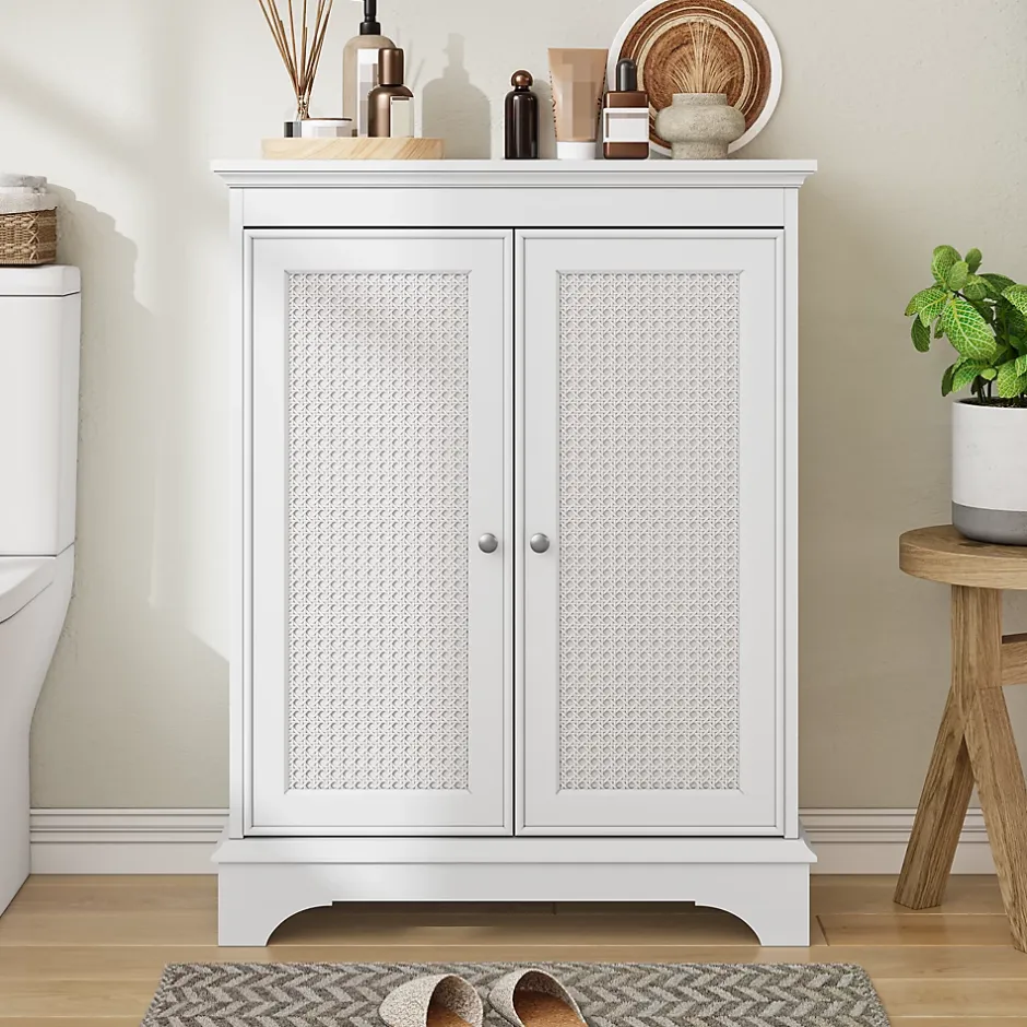 ProximaX Meuble salle de bain blanc sur pied avec porte panier et étagère réglable, meuble indépendant pour salle de bain, salon ou cuisine