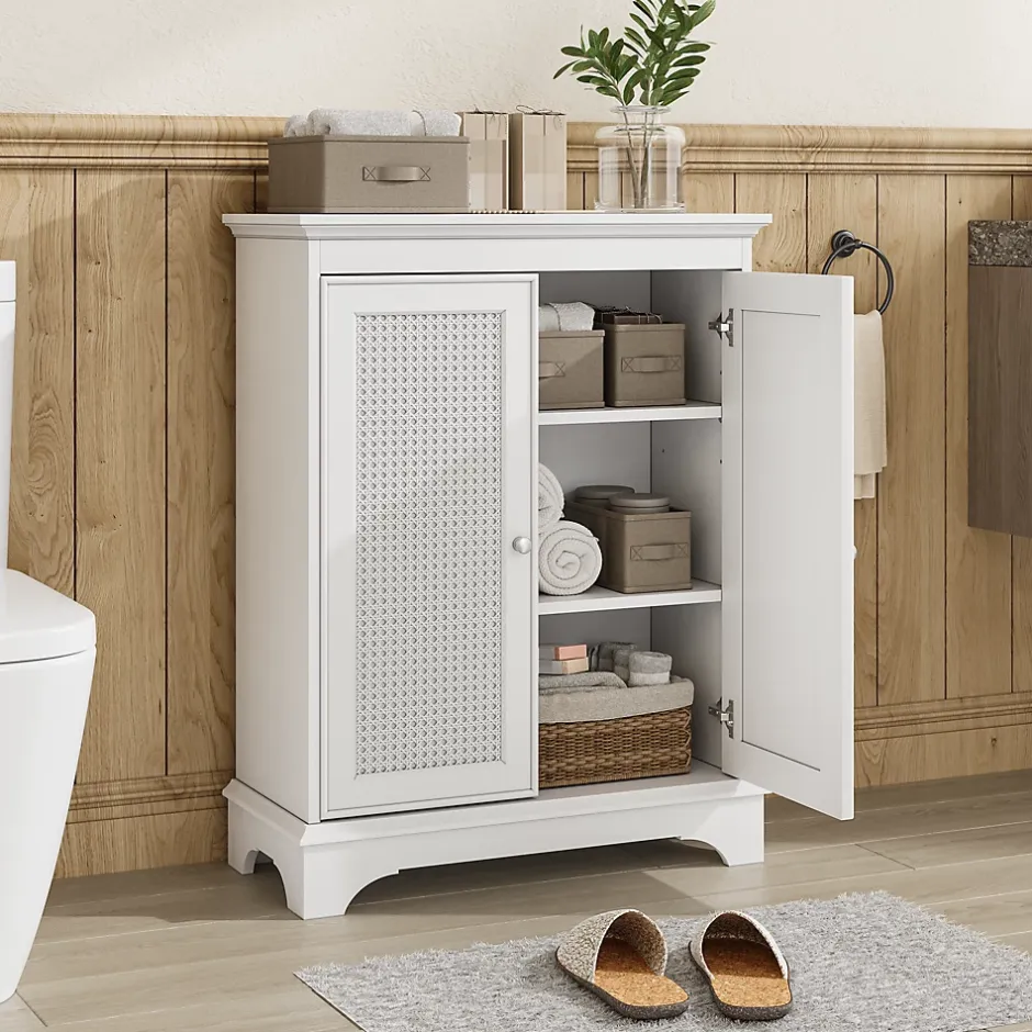 ProximaX Meuble salle de bain blanc sur pied avec porte panier et étagère réglable, meuble indépendant pour salle de bain, salon ou cuisine