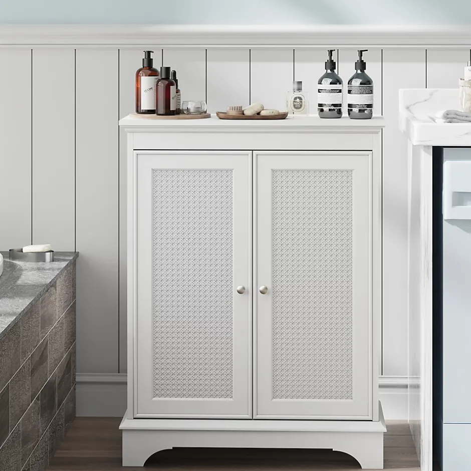 ProximaX Meuble salle de bain blanc sur pied avec porte panier et étagère réglable, meuble indépendant pour salle de bain, salon ou cuisine