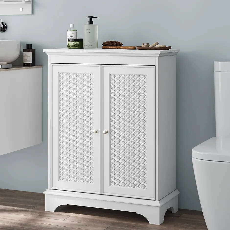 ProximaX Meuble salle de bain blanc sur pied avec porte panier et étagère réglable, meuble indépendant pour salle de bain, salon ou cuisine