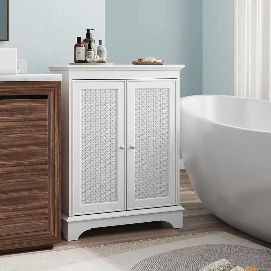 ProximaX Meuble salle de bain blanc sur pied avec porte panier et étagère réglable, meuble indépendant pour salle de bain, salon ou cuisine