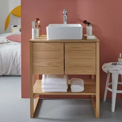 Mob-In Meuble salle de bain Chêne 70 cm ATOLL + Vasque carrée 36 cm* Ensemble Meuble De Salle De Bains