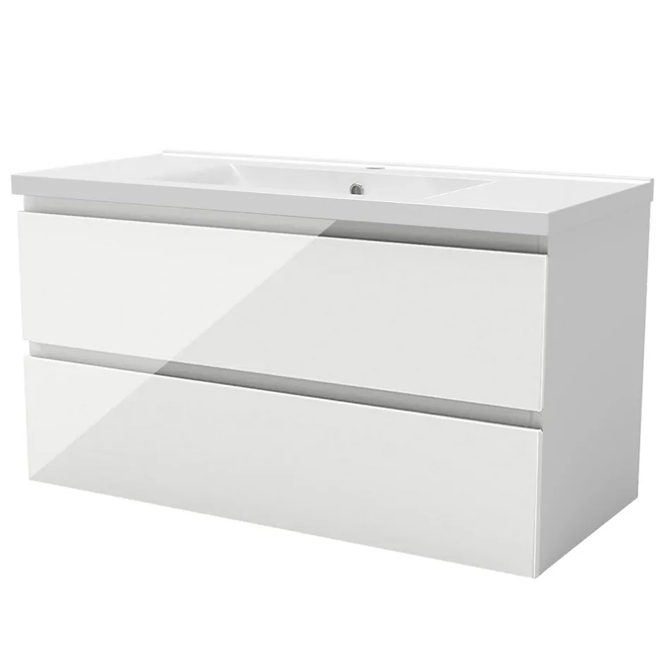 AICA Sanitaire Meuble salle de bain 100cm blanc brillant avec 2 tiroirs à fermeture automatique et simple lavabo céramique* Meuble Vasque