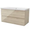 AICA Sanitaire Meuble salle de bain 100cm Chêne Wotan brillant avec 2 tiroirs à fermeture automatique et simple lavabo céramique