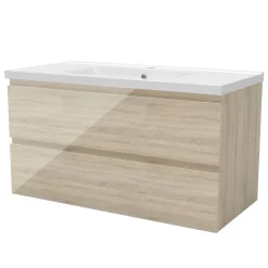 AICA Sanitaire Meuble salle de bain 100cm Chêne Wotan brillant avec 2 tiroirs à fermeture automatique et simple lavabo céramique