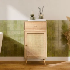 Sweeek Meuble salle de bain décor bois et cannage Bohème 1 tiroir 1 étagère 45 x 36 x 90 cm naturel* Etagère Salle De Bains