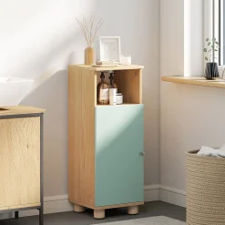 Homcom Meuble salle de bain design nordique porte étagère niche effet bois clair vert d'eau