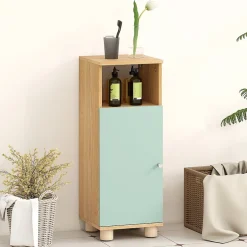 Homcom Meuble salle de bain design nordique porte étagère niche effet bois clair vert d'eau