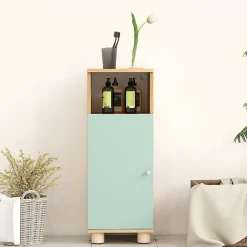 Homcom Meuble salle de bain design nordique porte étagère niche effet bois clair vert d'eau