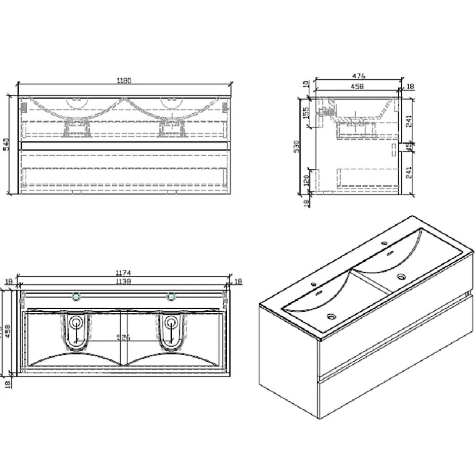 Stano Meuble salle de bain design double vasque SIENA largeur 120 cm noyer* Meuble Vasque