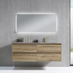 Luxury Bain Meuble salle de bain double vasque 140cm bois et effet marbre marron avec miroir LED LB-8475M-140* Ensemble Meuble De Salle De Bains