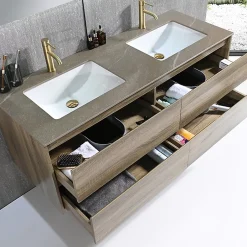 Luxury Bain Meuble salle de bain double vasque 140cm bois et effet marbre marron avec miroir LED LB-8475M-140* Ensemble Meuble De Salle De Bains