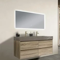 Luxury Bain Meuble salle de bain double vasque 120cm bois et effet marbre marron avec miroir LED LB-8476M-120* Ensemble Meuble De Salle De Bains