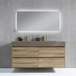 Luxury Bain Meuble salle de bain double vasque 140cm bois et effet marbre marron avec miroir LED LB-8476M-140