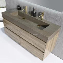 Luxury Bain Meuble salle de bain double vasque 140cm bois et effet marbre marron avec miroir LED LB-8476M-140