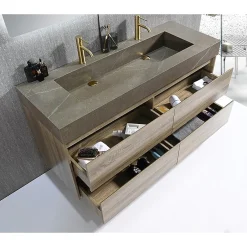 Luxury Bain Meuble salle de bain double vasque 140cm bois et effet marbre marron avec miroir LED LB-8476M-140