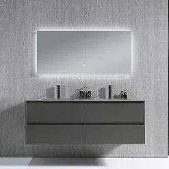 Luxury Bain Meuble salle de bain double vasque 140cm gris et effet marbre gris avec miroir LED LB-8475G-140