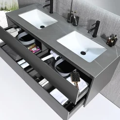 Luxury Bain Meuble salle de bain double vasque 140cm gris et effet marbre gris avec miroir LED LB-8475G-140