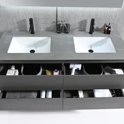 Luxury Bain Meuble salle de bain double vasque 140cm gris et effet marbre gris avec miroir LED LB-8475G-140