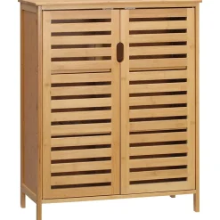 ProximaX Meuble salle de bain en bambou naturel, meuble d'appoint 2 portes à lattes avec 2 étagères, rangement salon ou salle de bain