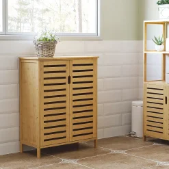 ProximaX Meuble salle de bain en bambou naturel, meuble d'appoint 2 portes à lattes avec 2 étagères, rangement salon ou salle de bain