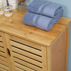 ProximaX Meuble salle de bain en bambou naturel, meuble d'appoint 2 portes à lattes avec 2 étagères, rangement salon ou salle de bain
