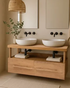Uniqka Meuble salle de bain en teck avec étagère en verre 140 cm -