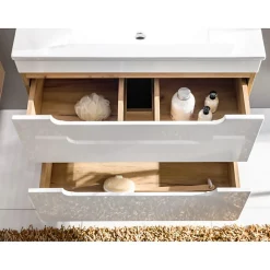 Meublorama Meuble salle de bain ERBANO Chene clair et blanc brillant 35x35 cm 1 porte Meuble suspendu
