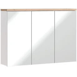 Meublorama Meuble salle de bain ERMANO Chene clair et blanc brillant 100x69 cm 3 portes miroir Meuble suspendu