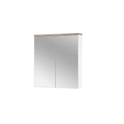 Meublorama Meuble salle de bain ERMANO Chene clair et blanc brillant 60x70 cm 2 portes miroir Meuble suspendu