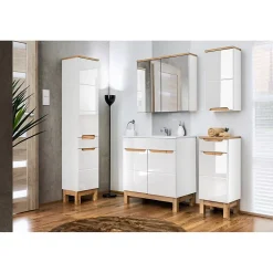 Meublorama Meuble salle de bain ERMANO Chene clair et blanc brillant 35x70 cm 1 porte Meuble suspendu