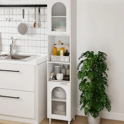Giantex Meuble Salle de Bain Haut avec 2 Placards à Porte Verre, 2 Compartiments Ouverts, Pieds Surélevés,35x30x180 CM
