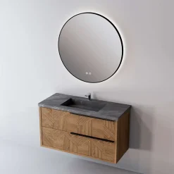 Sanizéo Meuble Salle de Bain REEL 101 cm x H54 x P45 cm, Plan Vasque Grès Cérame NA, 2 Tiroirs Impression 3D Poignée Noir, Chêne Moyen* Meuble Vasque
