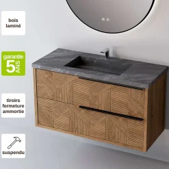 Sanizéo Meuble Salle de Bain REEL 101 cm x H54 x P45 cm, Plan Vasque Grès Cérame NA, 2 Tiroirs Impression 3D Poignée Noir, Chêne Moyen* Meuble Vasque
